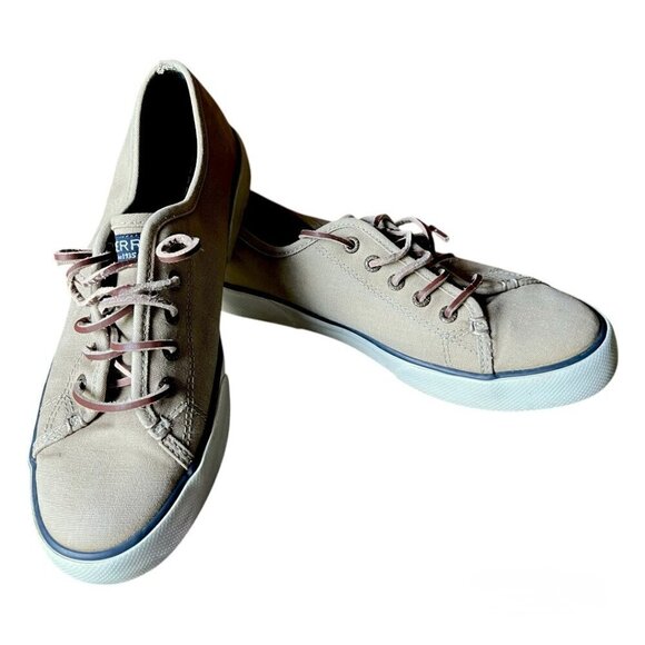 WOMEN'S SPERRY TOP SIDER BOAT SHOES KHAKI CANVAS  LEATHER SHOE STRINGS SZ 7.5 M - Picture 1 of 13